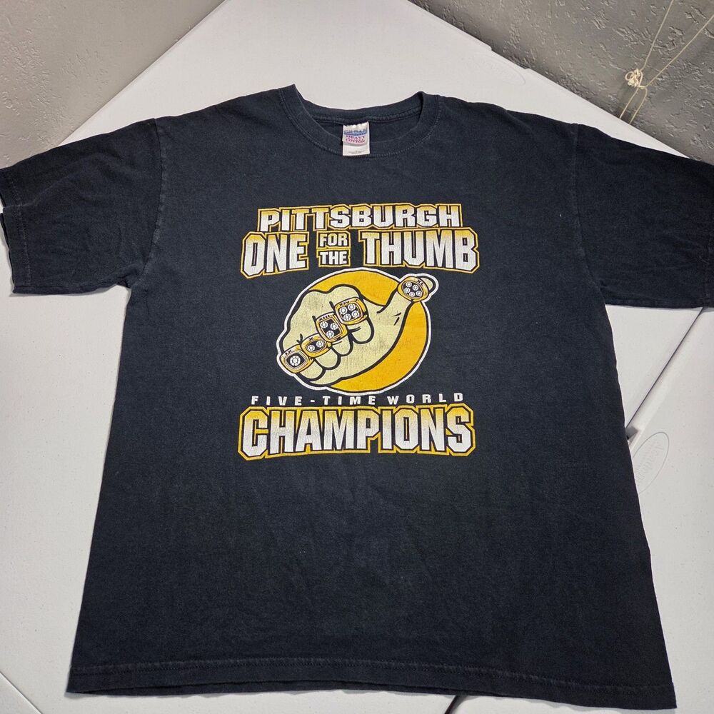 ​Pittsburgh Steelers T-Shirt Mens L Black One For The Thumb Super Bowl Rings Tee